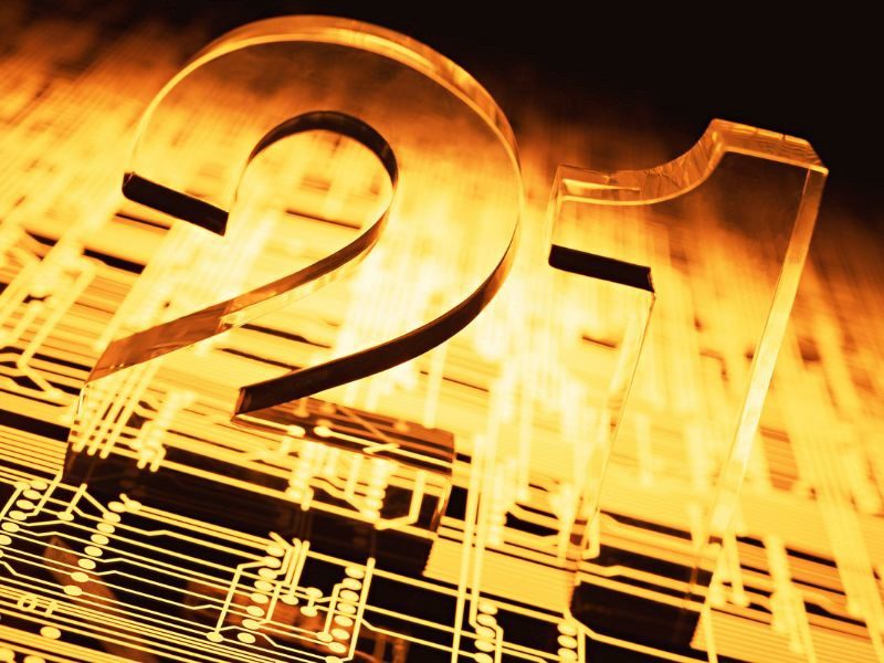 A reflective gold image with the number 21 on a gold circuit board