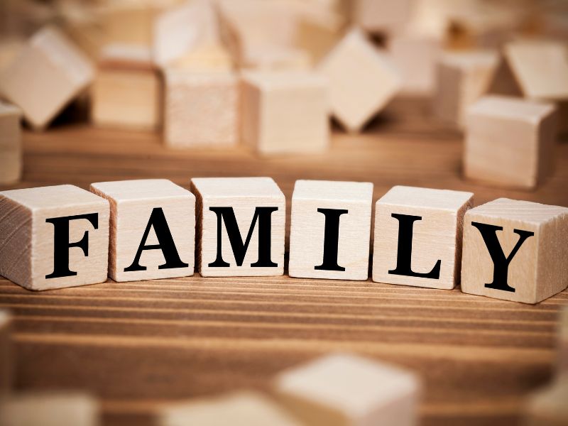 Image shows the word 'family' spelt out with wooded blocks on a wooden surface.