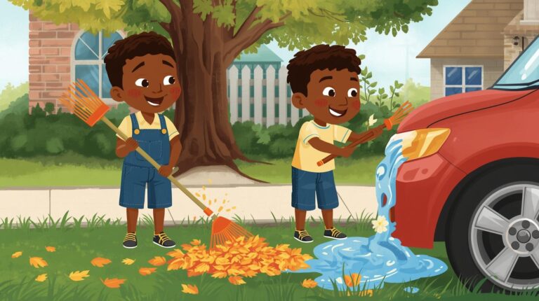 cartoon image showing two kids doing chores
