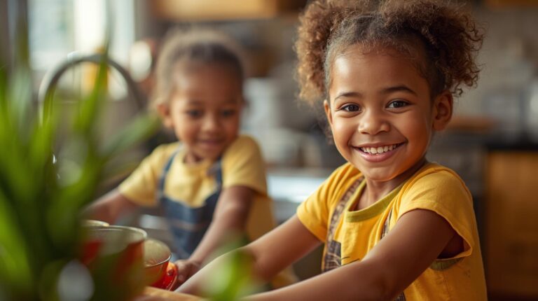 Two lttle girls smiling while doing chores