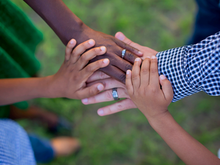 Images shows different hands of a family piled on each other depicting unity