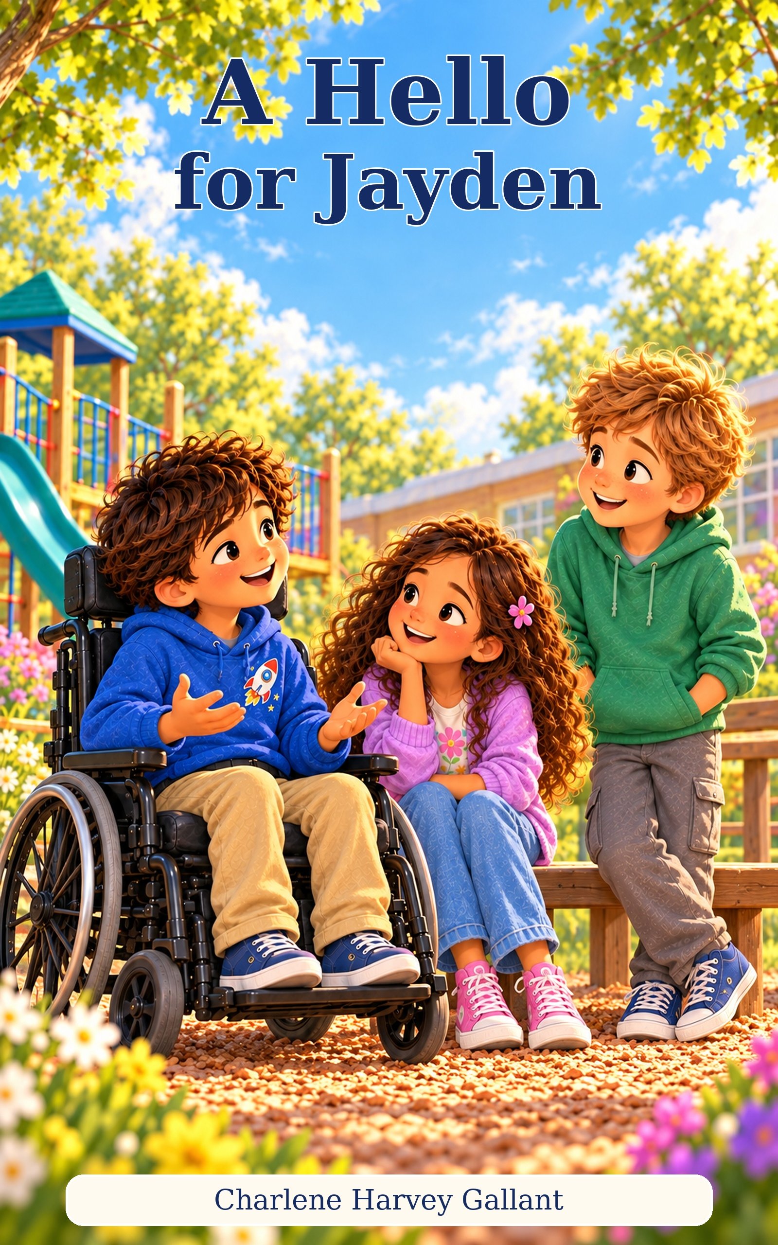 Cover of A Hello for Jayden by Charlene Harvey-Gallant, showing children chatting together at a playground