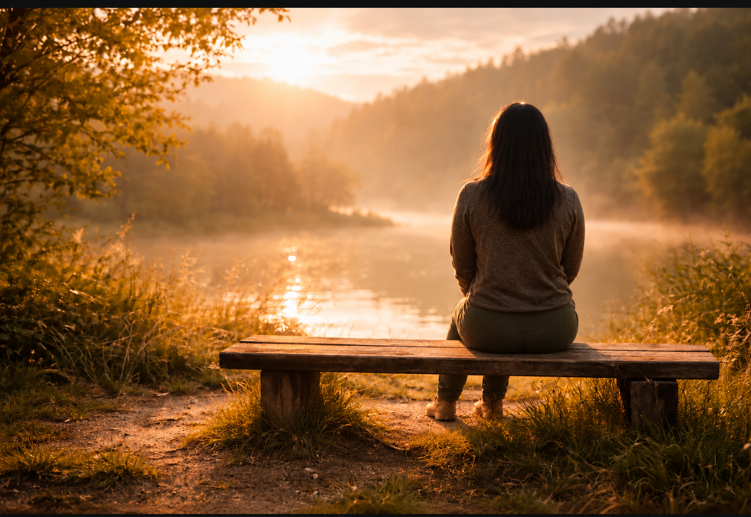 A woman with dark shoulder-length hair sits on a bench beside a lake at sunset