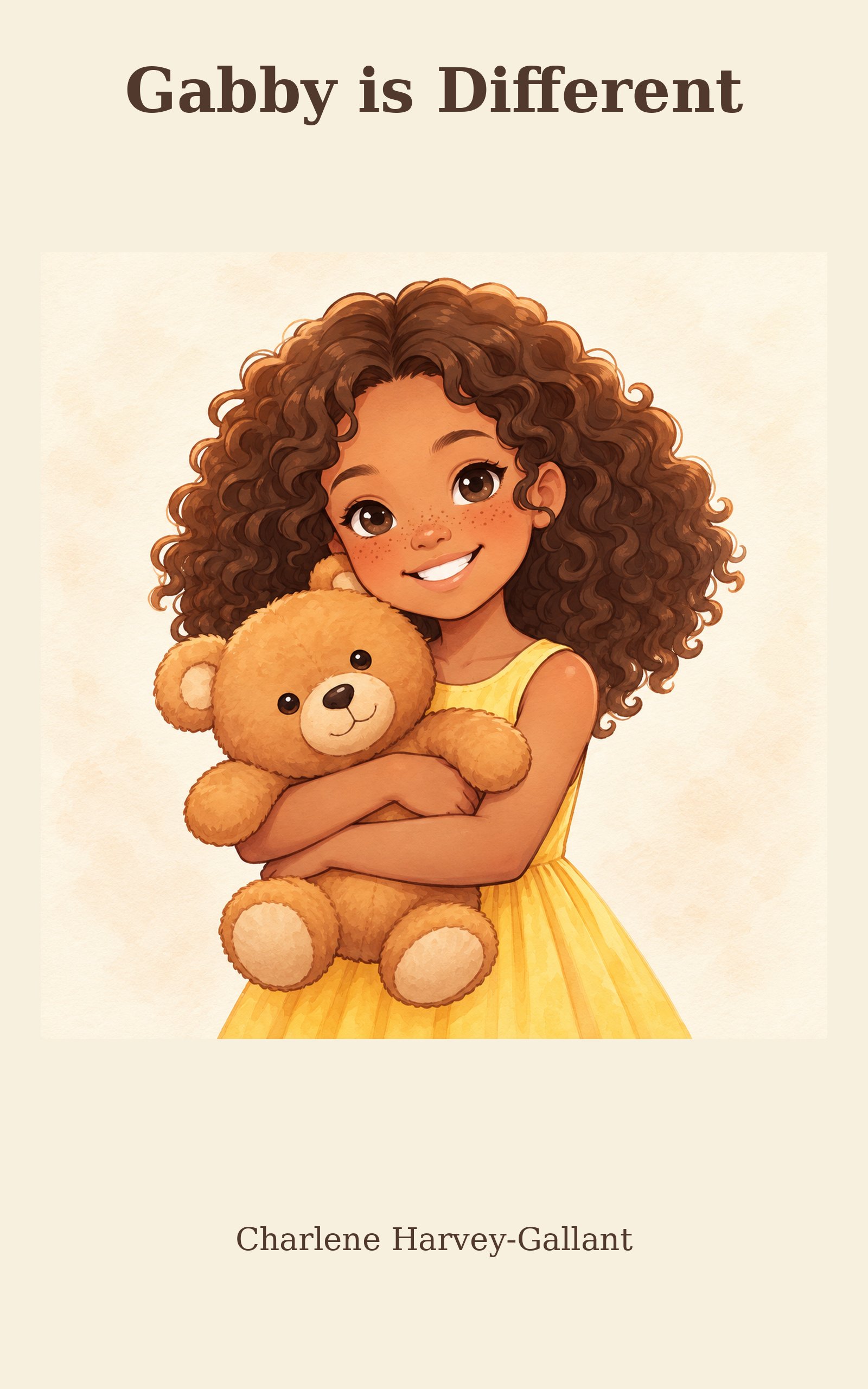 Cover of Gabby Is Different by Charlene Harvey-Gallant: Gabby smiles with curly hair and freckles while hugging her teddy bear.